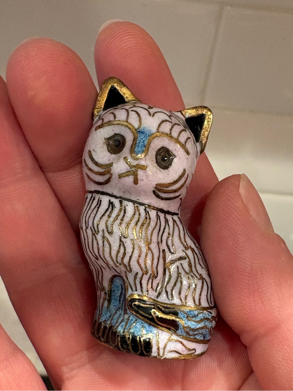 White and Gold Cloisonné Cat Figurine for Small Pets Decor